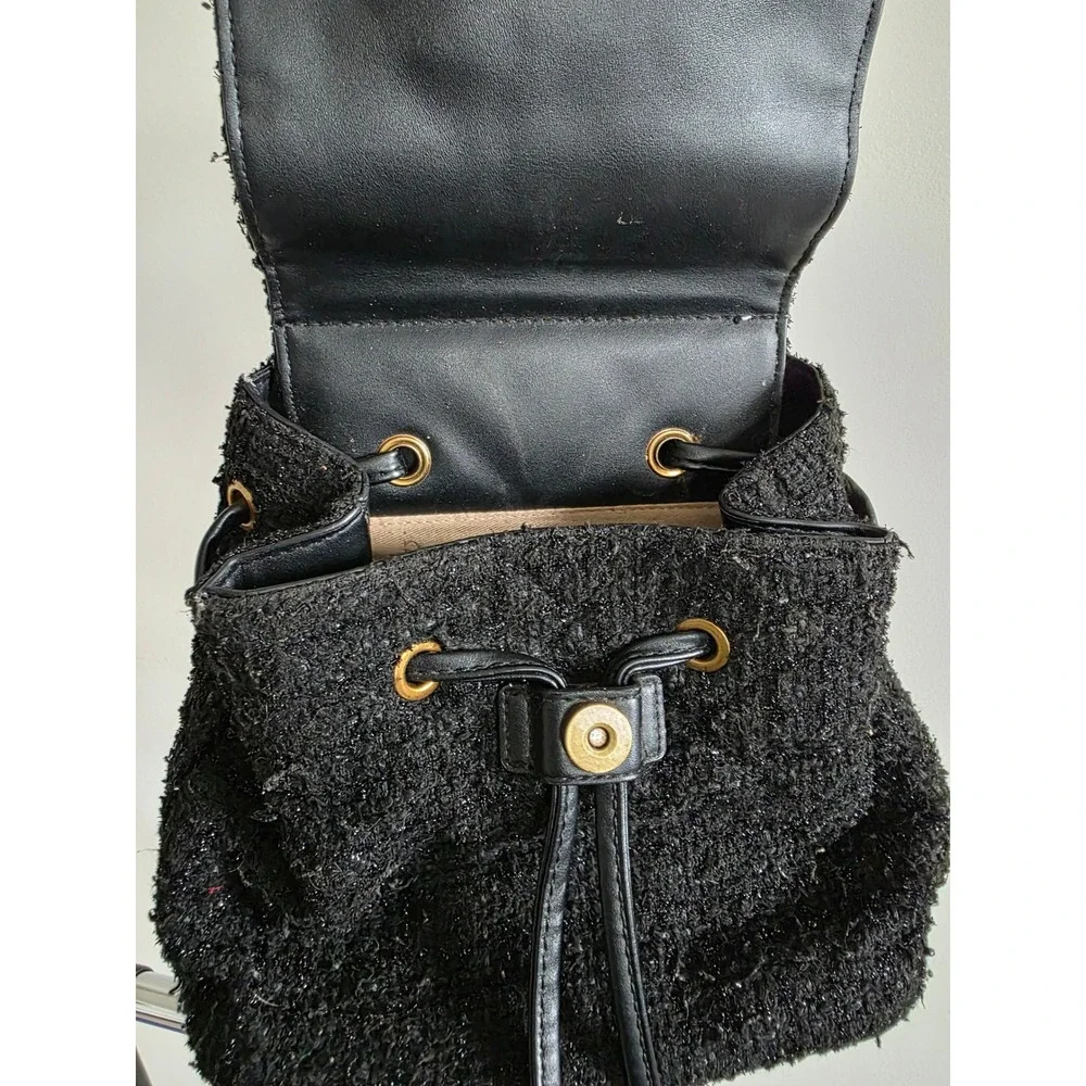 Guess Cessily‎ Black Boucle Tweed Mini Backpack Gold Chain Logo Drawstring Bag